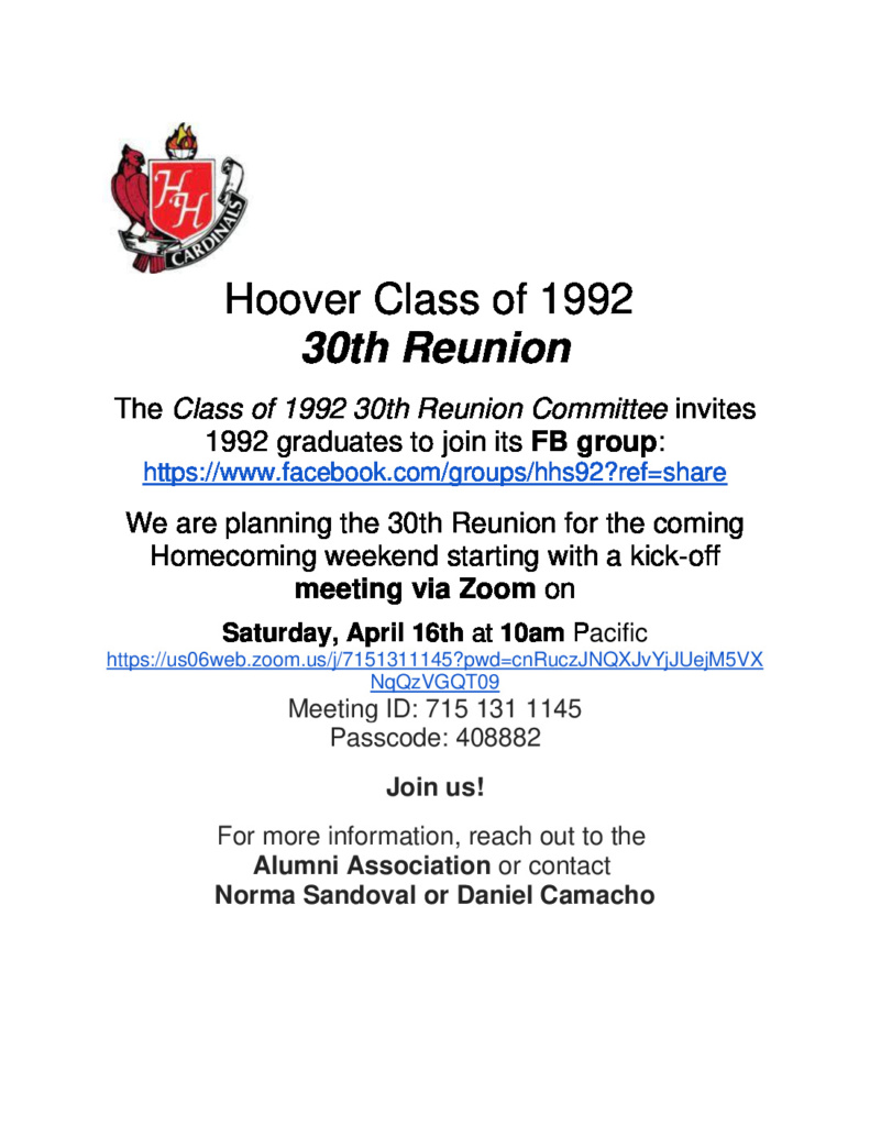 Class of 1992 30th Reunion – HOOVER ALUMNI ORGANIZATION